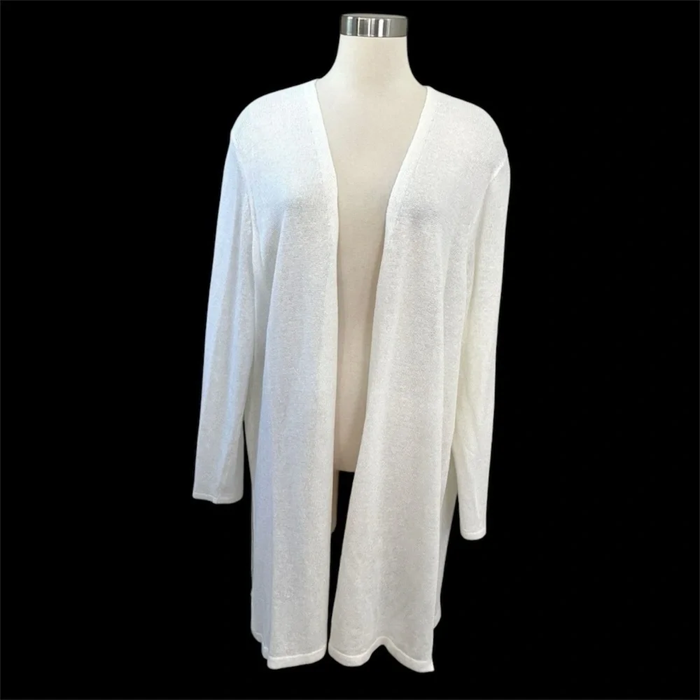 NEW J.Jill Linen White Open Front Long Sweater Knit Cardigan Neutral Coastal L - Picture 7 of 8